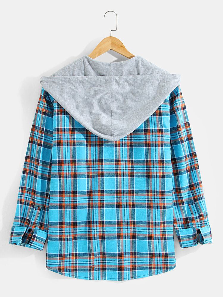 Camisas Con Capucha De Manga Larga 100% Algodón Con Botones A Cuadros Para Hombre