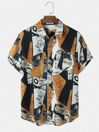 Camisas Con Dobladillo Curvo De Manga Corta Con Solapa Y Estampado Vintage Para Hombre Con Bolsillo