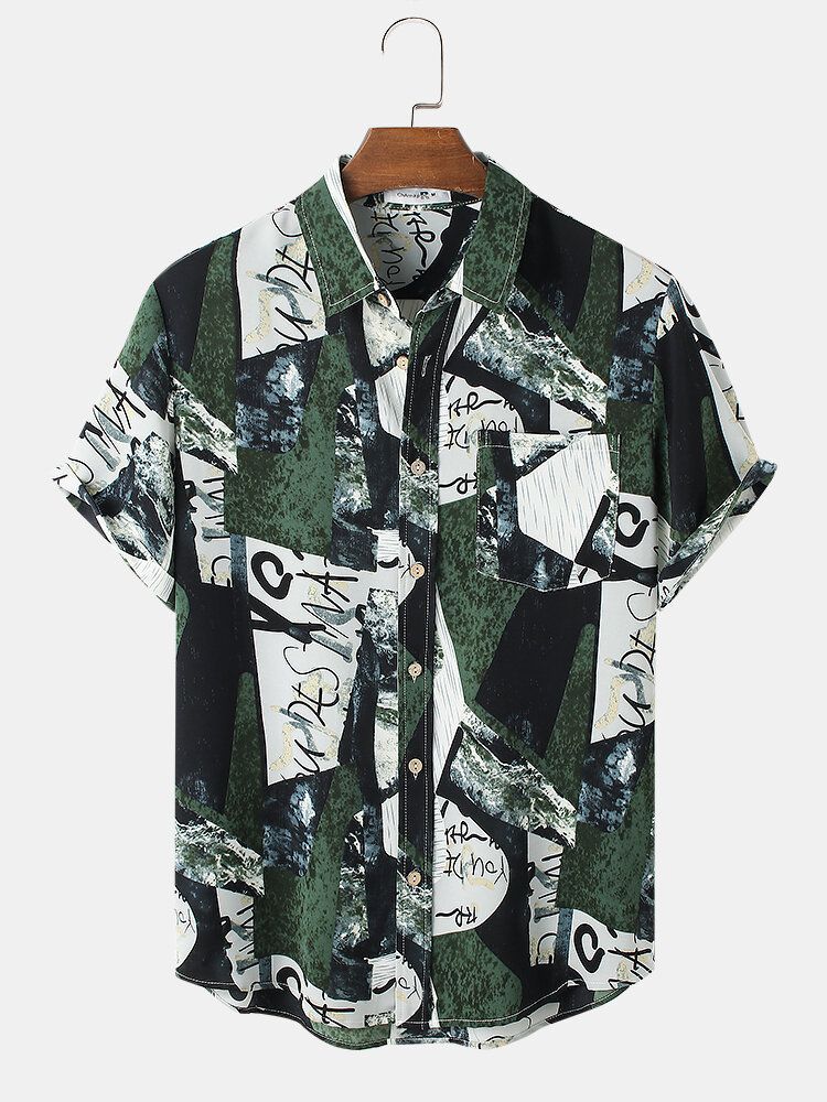 Camisas Con Dobladillo Curvo De Manga Corta Con Solapa Y Estampado Vintage Para Hombre Con Bolsillo