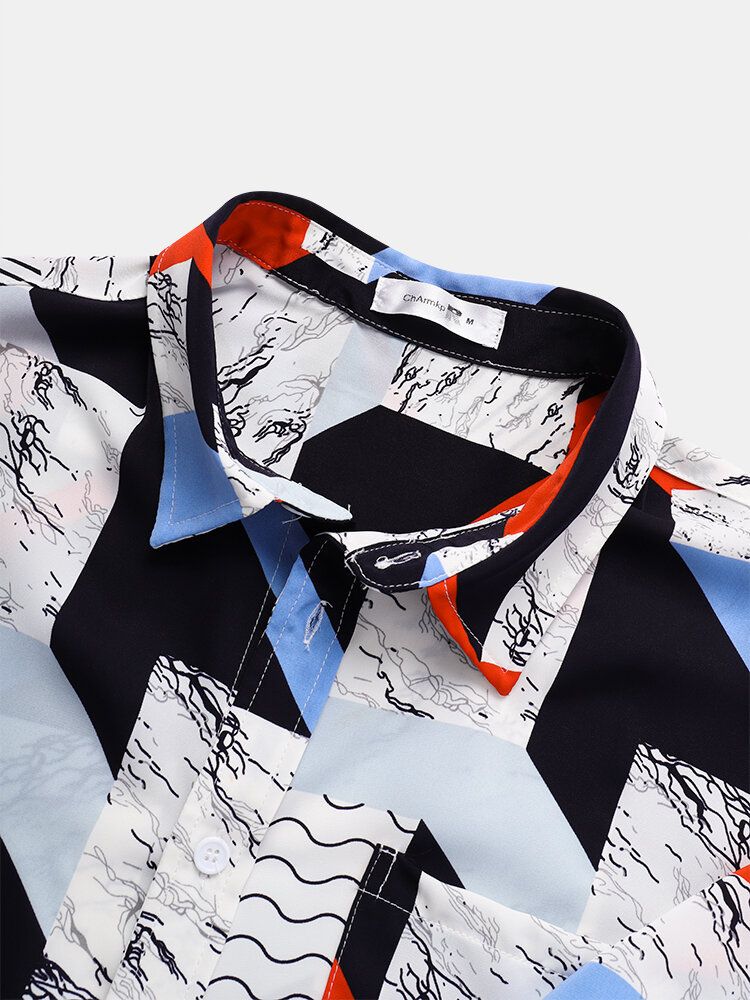 Camisas Informales Navideñas De Manga Corta Con Solapa Y Estampado Geométrico Para Hombre