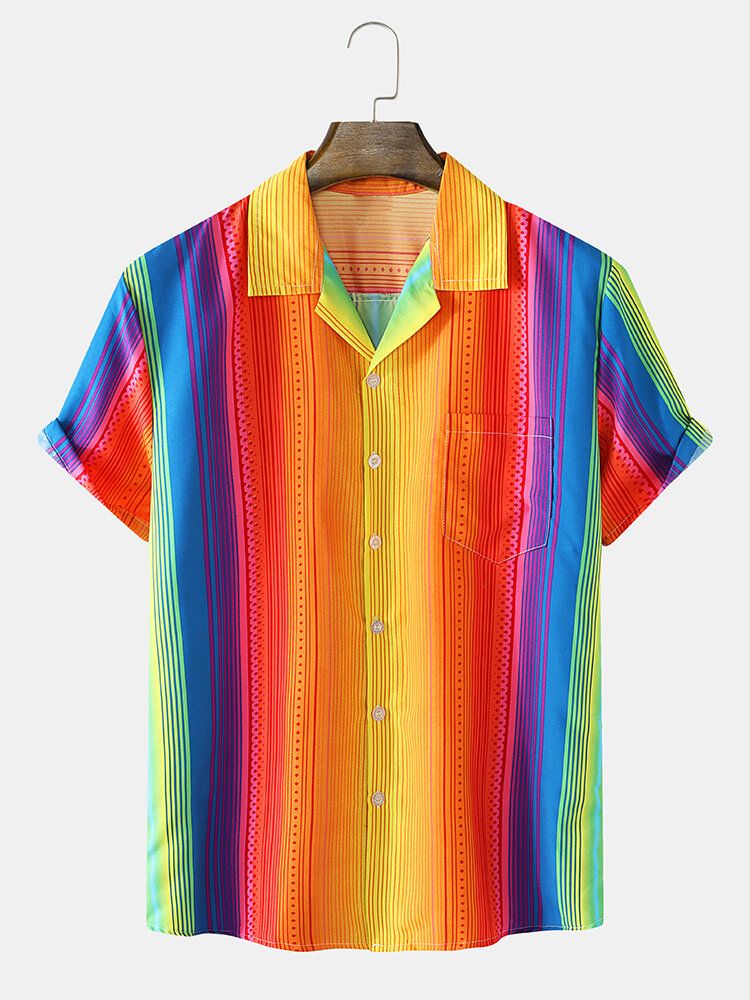 Camisas De Manga Corta De Calle De Bolsillo Con Cuello De Rayas Coloridas Para Hombre