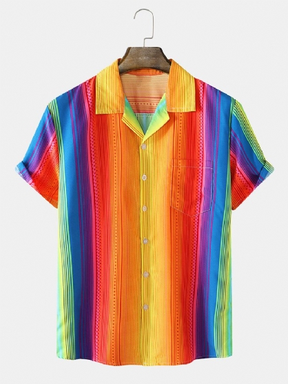 Camisas De Manga Corta De Calle De Bolsillo Con Cuello De Rayas Coloridas Para Hombre