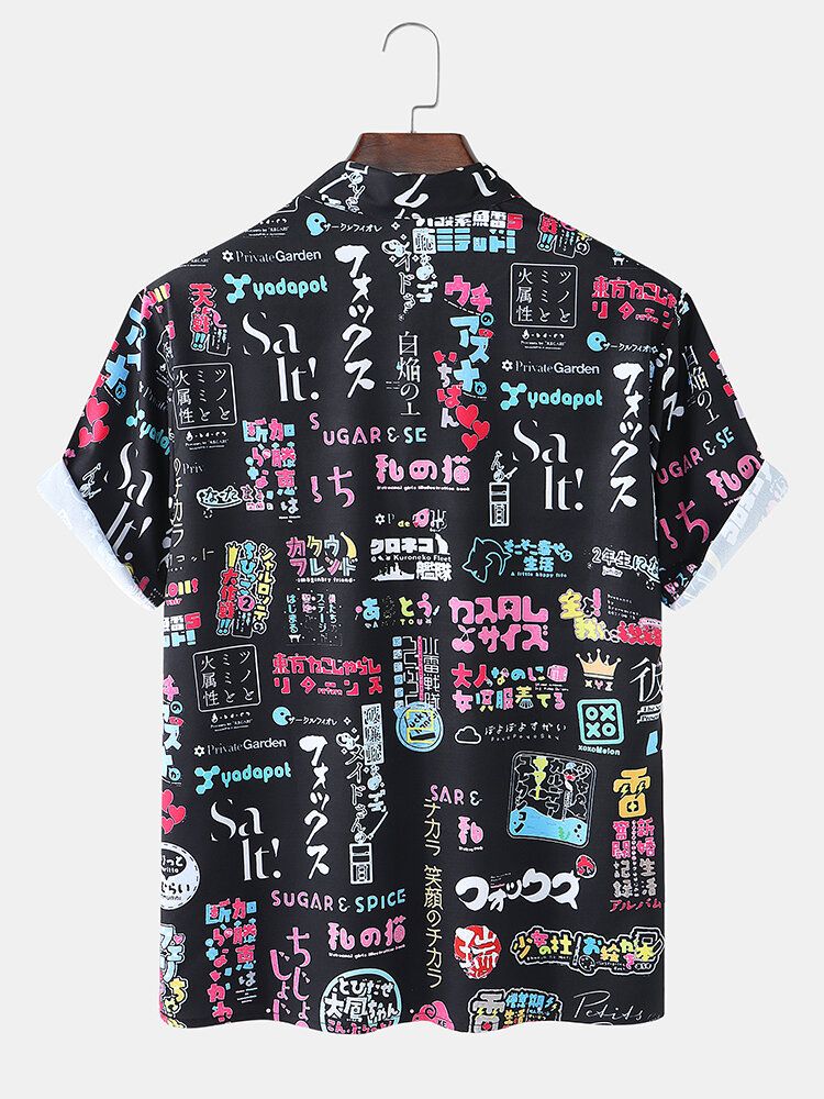 Camisas De Manga Corta De Calle Con Solapa Y Estampado De Letras Japonesas Para Hombre