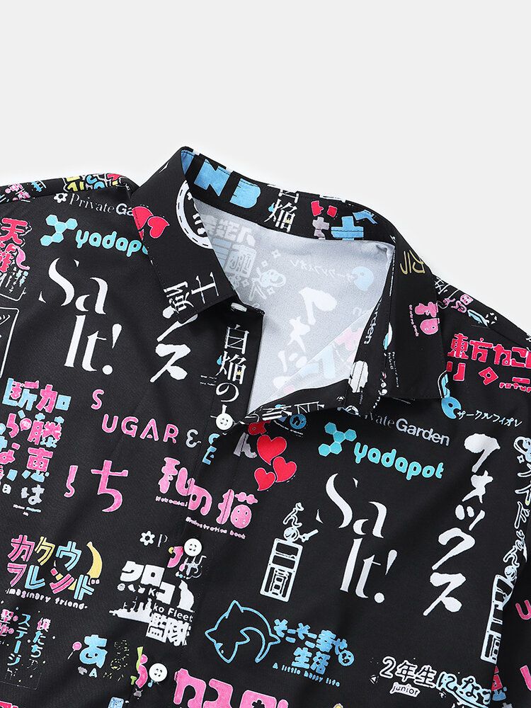 Camisas De Manga Corta De Calle Con Solapa Y Estampado De Letras Japonesas Para Hombre