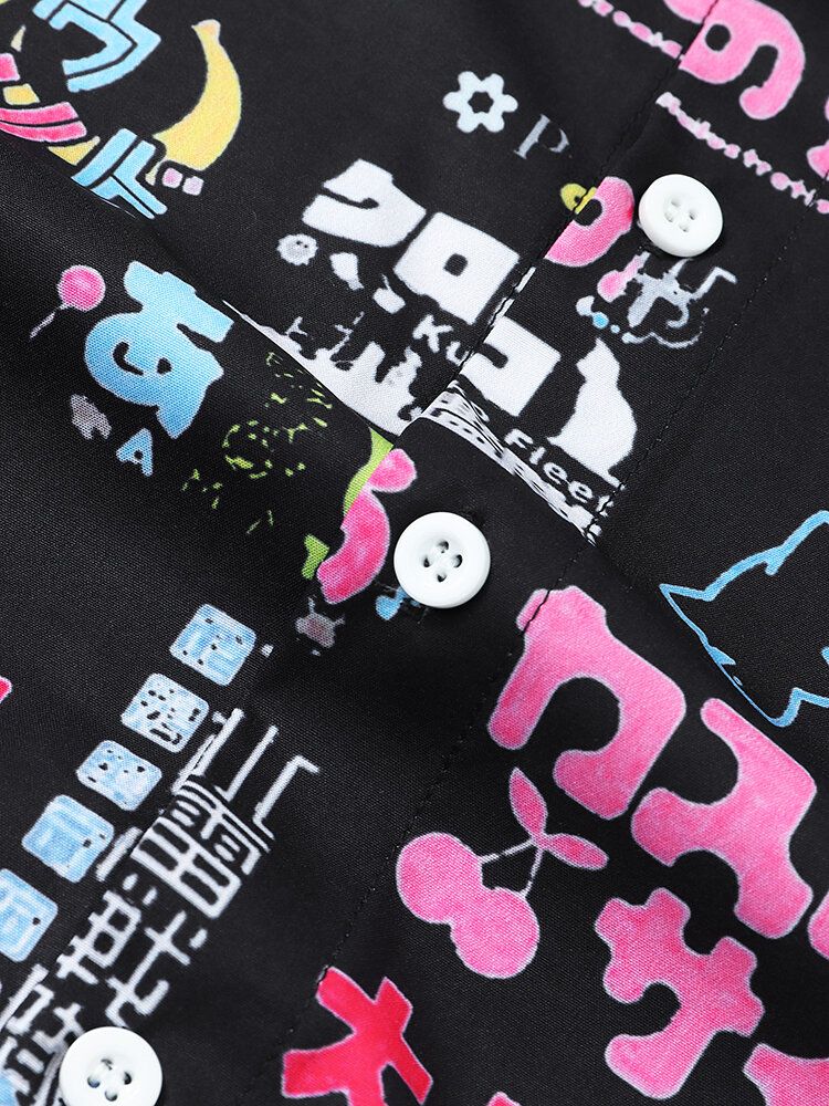 Camisas De Manga Corta De Calle Con Solapa Y Estampado De Letras Japonesas Para Hombre