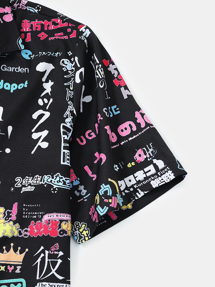 Camisas De Manga Corta De Calle Con Solapa Y Estampado De Letras Japonesas Para Hombre