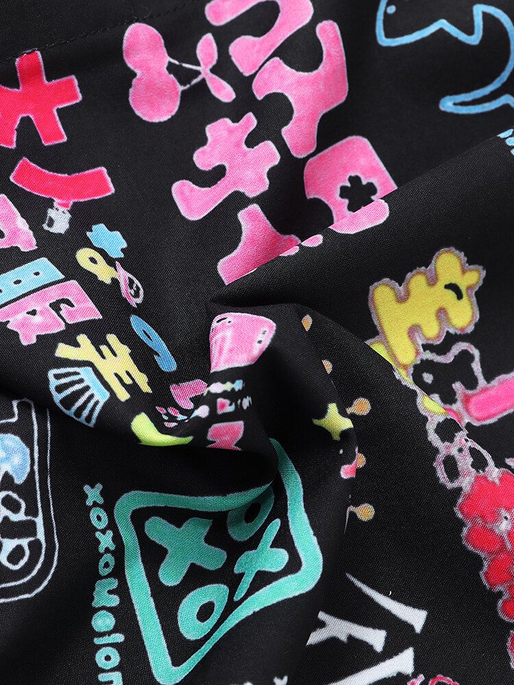 Camisas De Manga Corta De Calle Con Solapa Y Estampado De Letras Japonesas Para Hombre