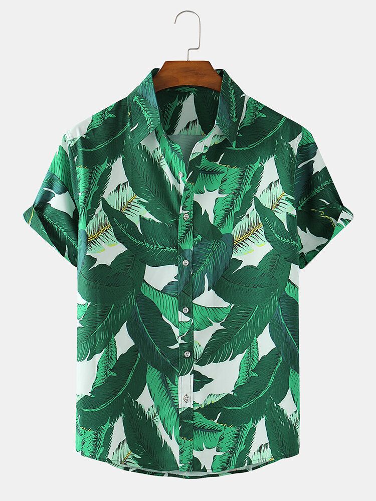 Camisas De Manga Corta Casual Ligeras Sueltas Con Estampado De Hojas Verdes Para Hombre