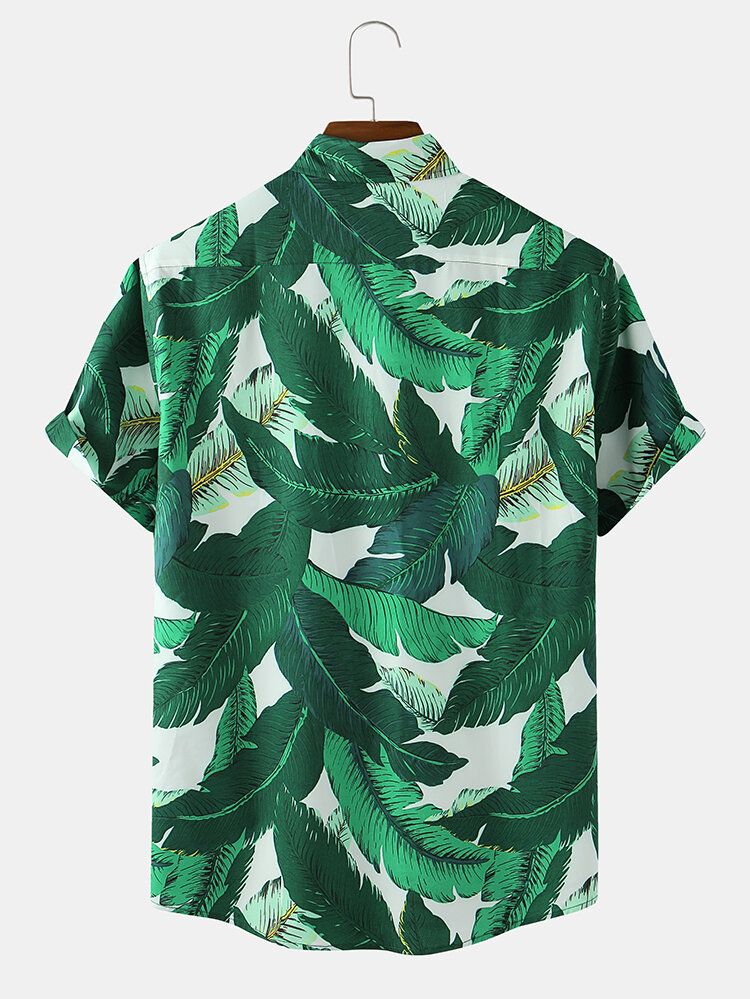 Camisas De Manga Corta Casual Ligeras Sueltas Con Estampado De Hojas Verdes Para Hombre