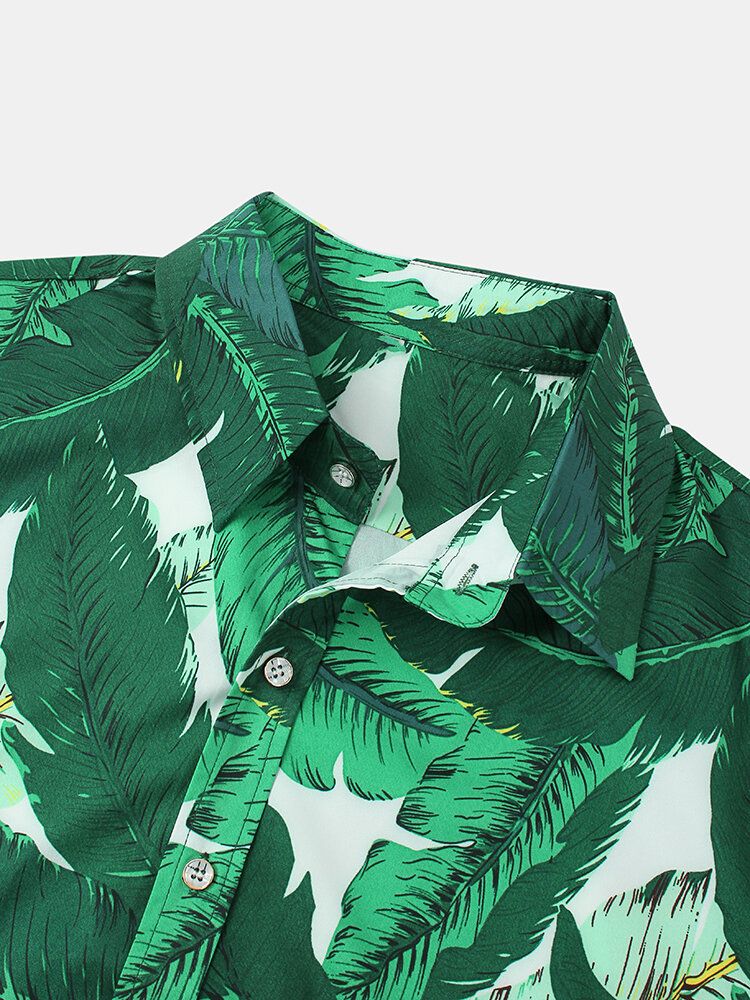 Camisas De Manga Corta Casual Ligeras Sueltas Con Estampado De Hojas Verdes Para Hombre