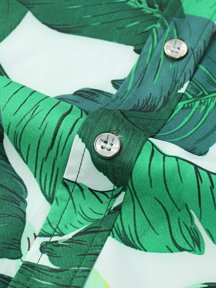 Camisas De Manga Corta Casual Ligeras Sueltas Con Estampado De Hojas Verdes Para Hombre