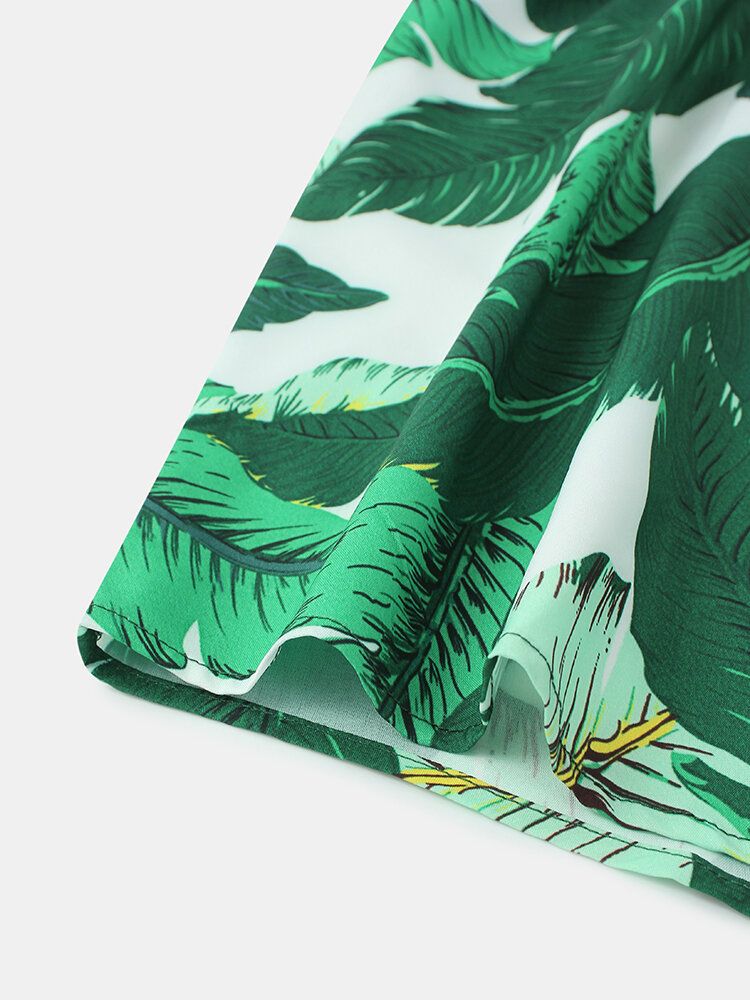 Camisas De Manga Corta Casual Ligeras Sueltas Con Estampado De Hojas Verdes Para Hombre