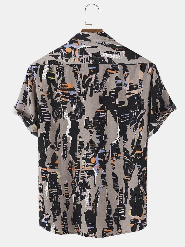 Camisas De Manga Corta Casuales Con Bolsillo De Solapa Con Estampado Abstracto Para Hombre