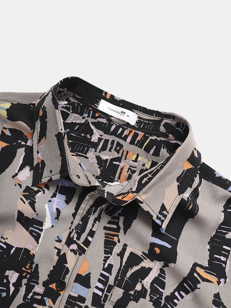 Camisas De Manga Corta Casuales Con Bolsillo De Solapa Con Estampado Abstracto Para Hombre