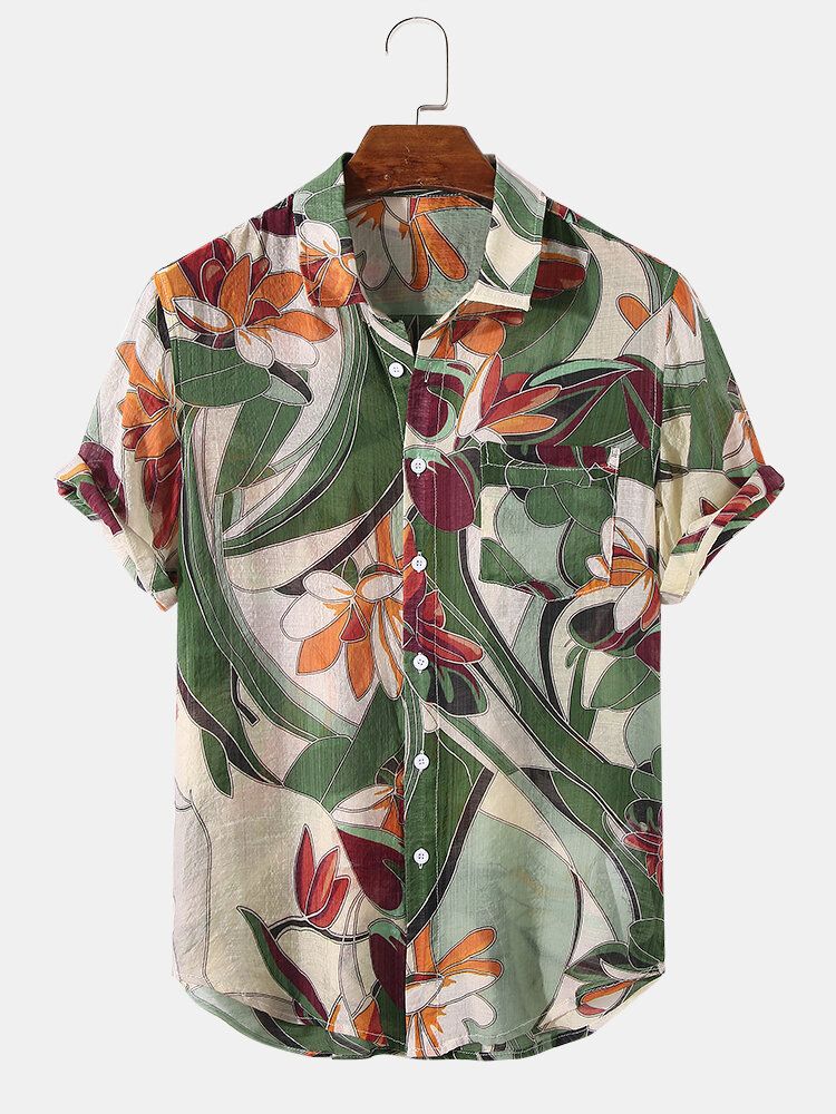 Camisas De Manga Corta Casuales Con Estampado De Plantas Florales Navideñas Para Hombre