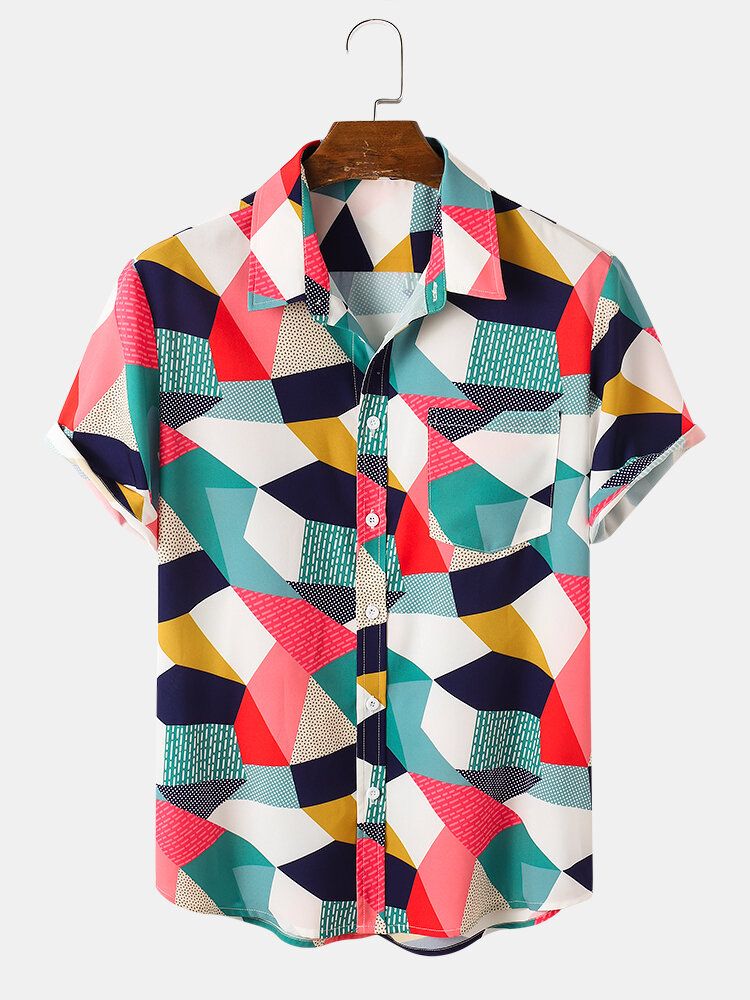 Camisas De Manga Corta Con Bolsillo En Contraste De Bloques De Color Para Hombre