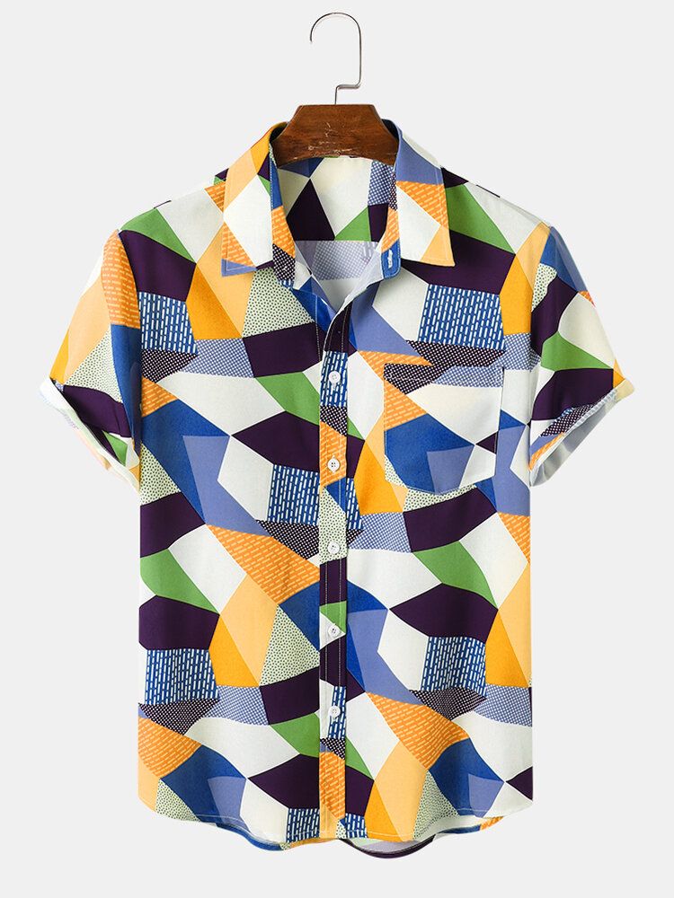 Camisas De Manga Corta Con Bolsillo En Contraste De Bloques De Color Para Hombre