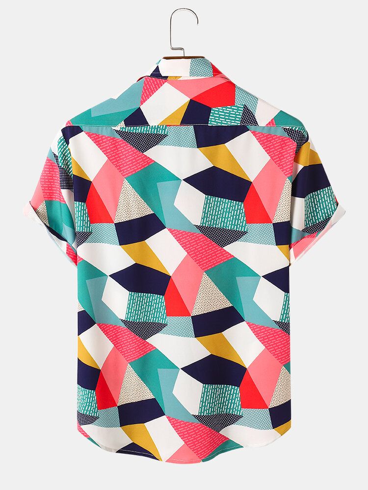 Camisas De Manga Corta Con Bolsillo En Contraste De Bloques De Color Para Hombre