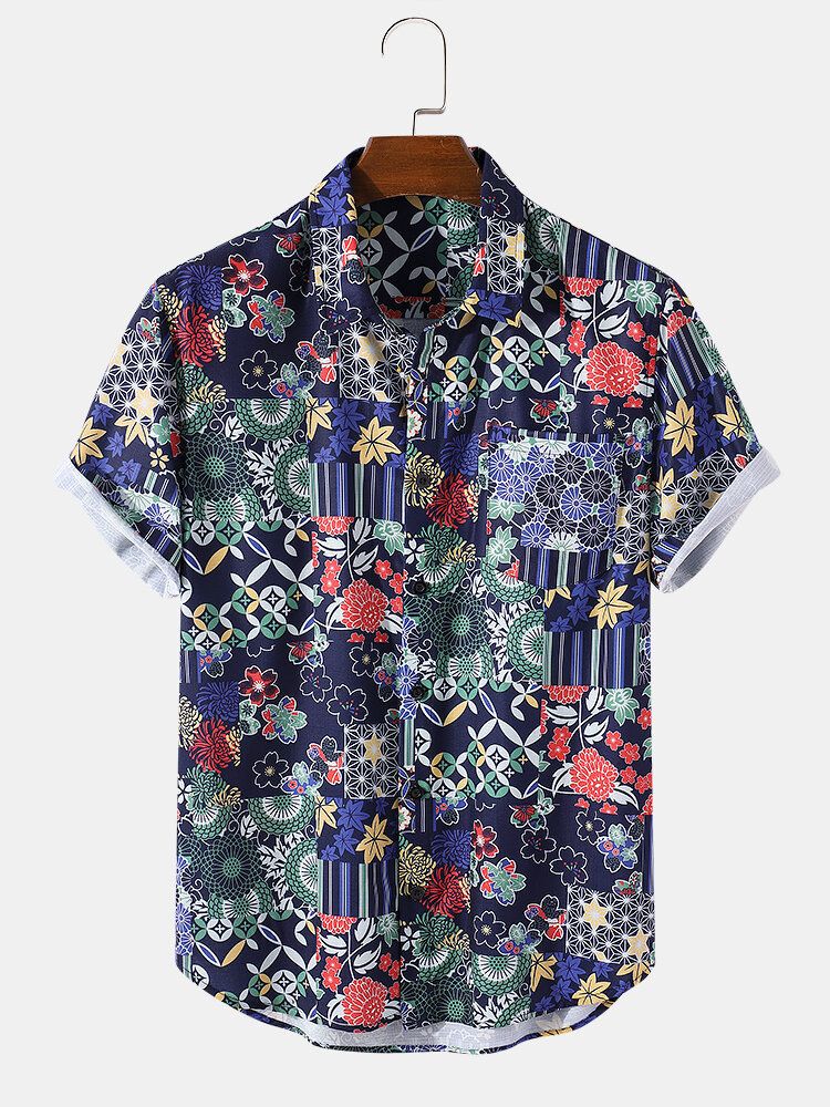 Camisas De Manga Corta Con Bolsillo En El Pecho Con Estampado De Geometría Floral Para Hombre