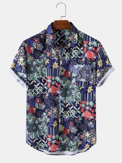 Camisas De Manga Corta Con Bolsillo En El Pecho Con Estampado De Geometría Floral Para Hombre