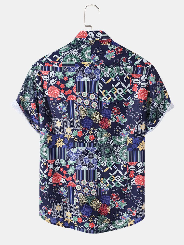 Camisas De Manga Corta Con Bolsillo En El Pecho Con Estampado De Geometría Floral Para Hombre