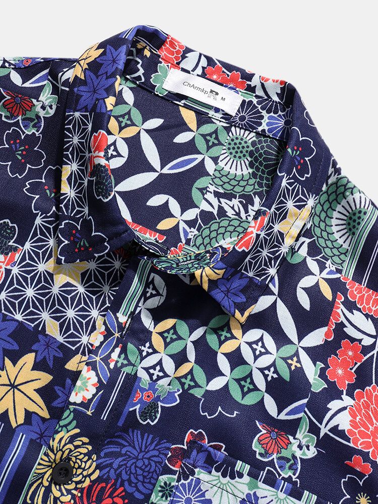 Camisas De Manga Corta Con Bolsillo En El Pecho Con Estampado De Geometría Floral Para Hombre