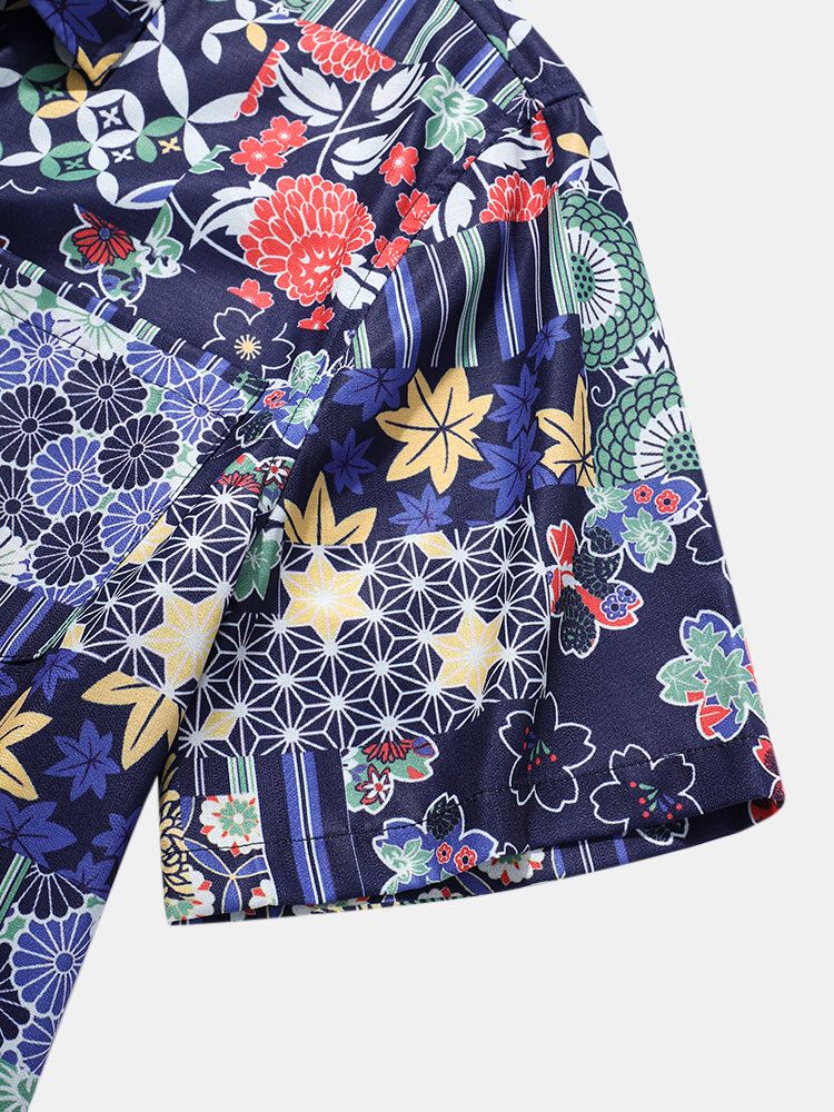 Camisas De Manga Corta Con Bolsillo En El Pecho Con Estampado De Geometría Floral Para Hombre