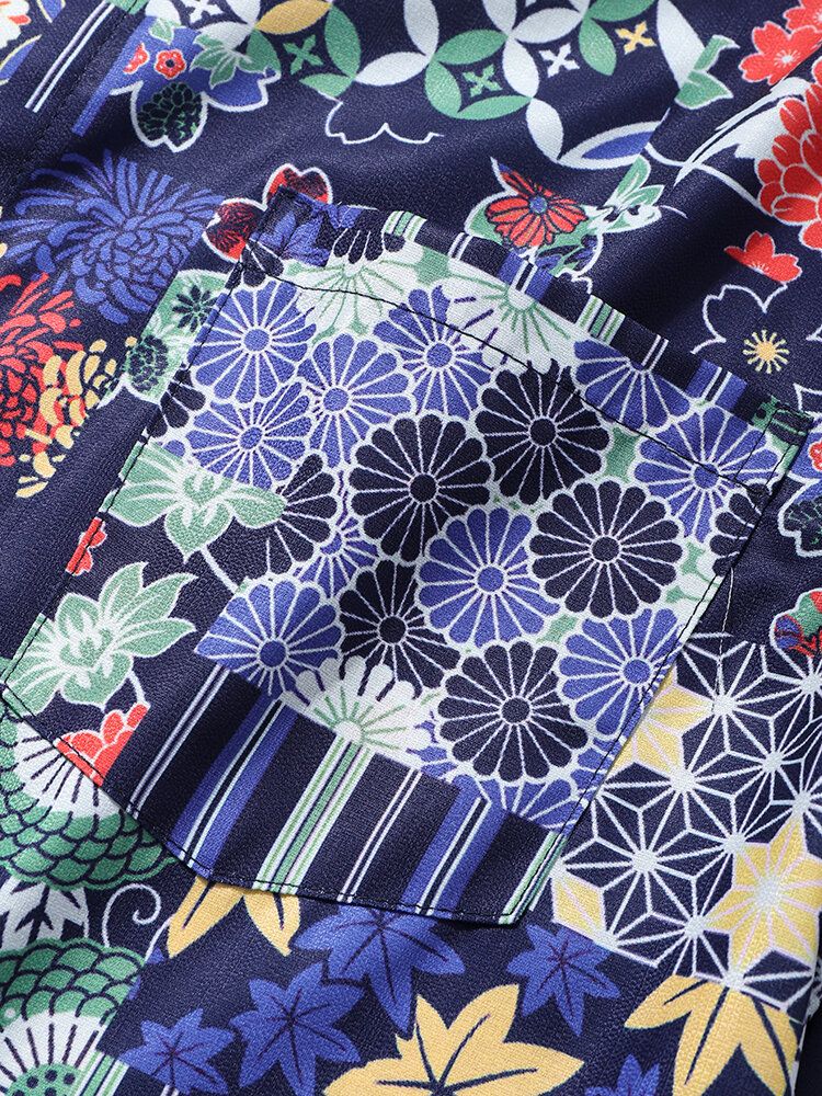 Camisas De Manga Corta Con Bolsillo En El Pecho Con Estampado De Geometría Floral Para Hombre