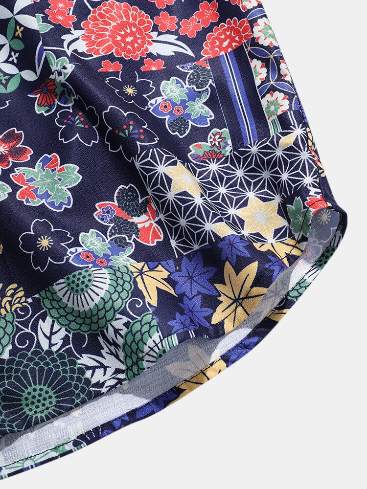 Camisas De Manga Corta Con Bolsillo En El Pecho Con Estampado De Geometría Floral Para Hombre