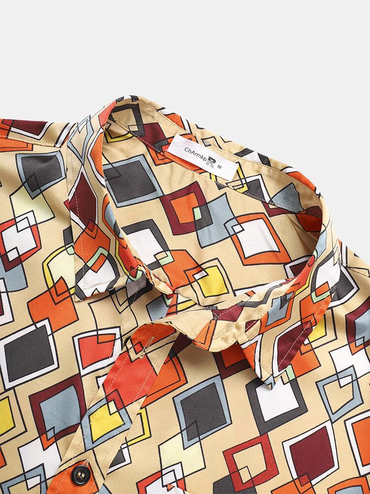 Camisas De Manga Corta Con Botones De Bolsillo En El Pecho Con Estampado Geométrico Para Hombre