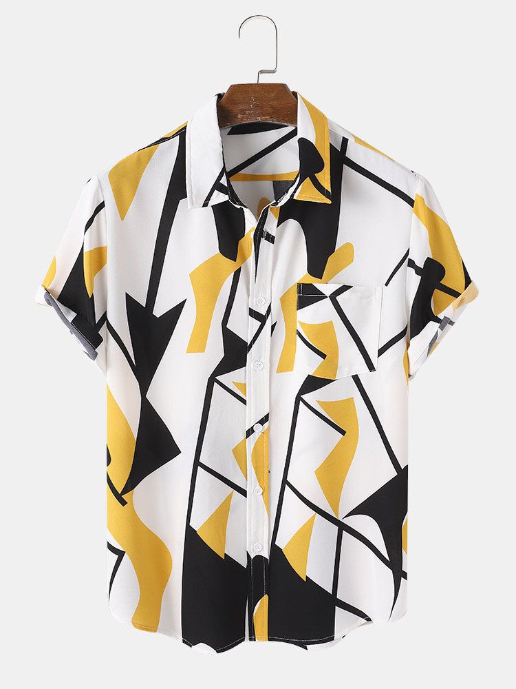 Camisas De Manga Corta Con Botones Con Estampado De Geometría Para Hombre