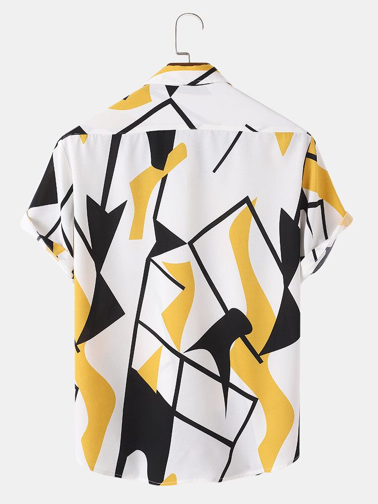 Camisas De Manga Corta Con Botones Con Estampado De Geometría Para Hombre