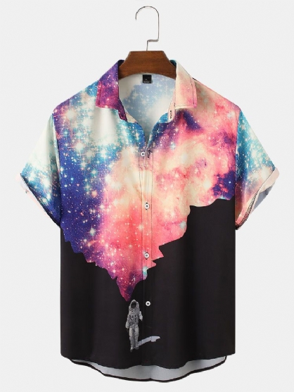 Camisas De Manga Corta Con Botones Y Estampado De Galaxias Y Astronautas Para Hombre