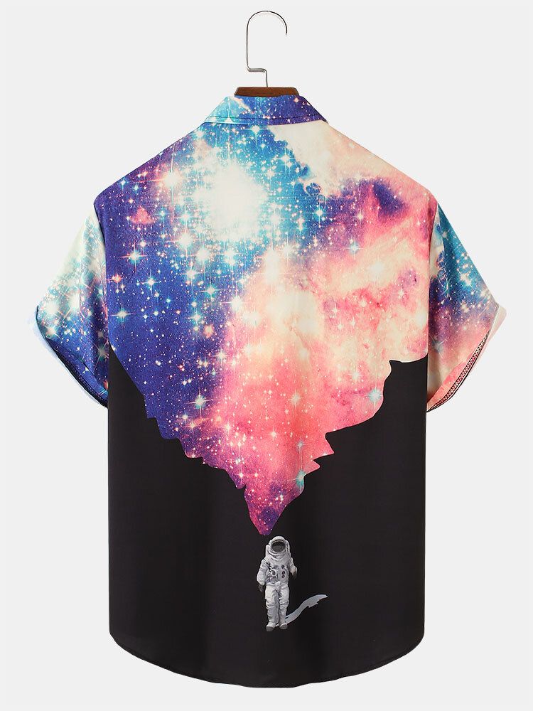 Camisas De Manga Corta Con Botones Y Estampado De Galaxias Y Astronautas Para Hombre