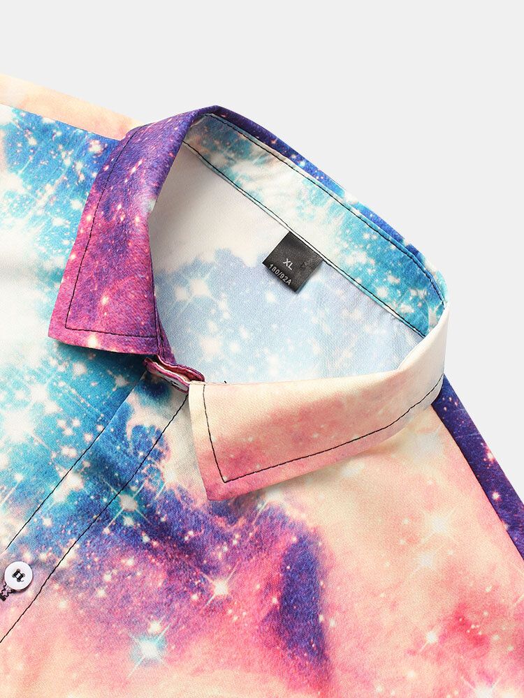 Camisas De Manga Corta Con Botones Y Estampado De Galaxias Y Astronautas Para Hombre