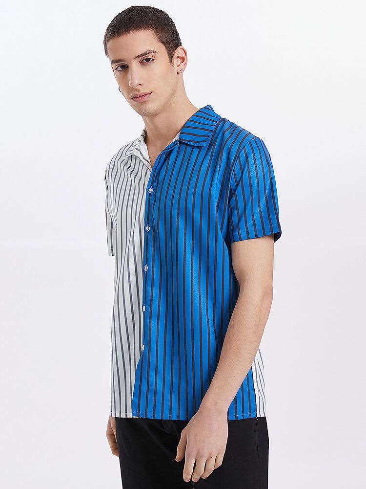 Camisas De Manga Corta Con Botones Y Botones De Solapa A Rayas Para Hombre