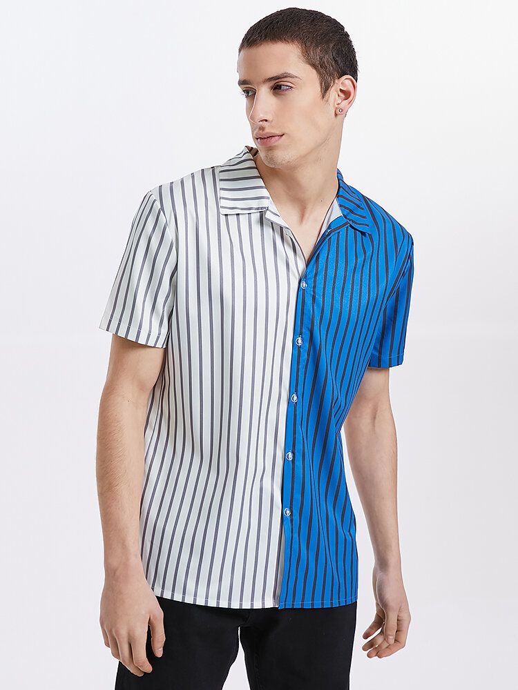 Camisas De Manga Corta Con Botones Y Botones De Solapa A Rayas Para Hombre