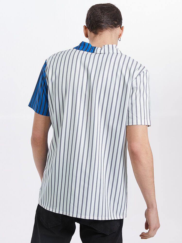 Camisas De Manga Corta Con Botones Y Botones De Solapa A Rayas Para Hombre