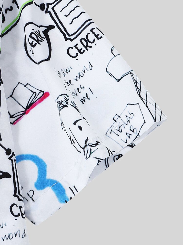 Camisas De Manga Corta Con Botones Y Solapa Con Estampado De Grafiti Para Hombre