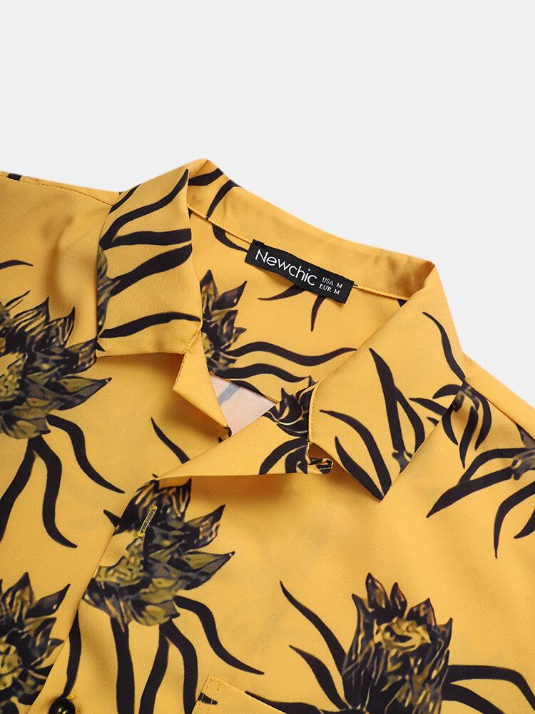 Camisas De Manga Corta Con Cuello Revere Y Bolsillo Con Estampado De Plantas Para Hombre