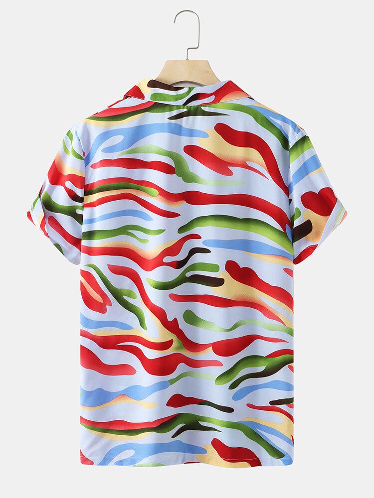 Camisas De Manga Corta Con Cuello Reverente De Rayas De Colores Irregulares Para Hombre