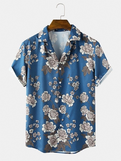 Camisas De Manga Corta Con Cuello Reverente Y Estampado Floral Informal Para Hombre