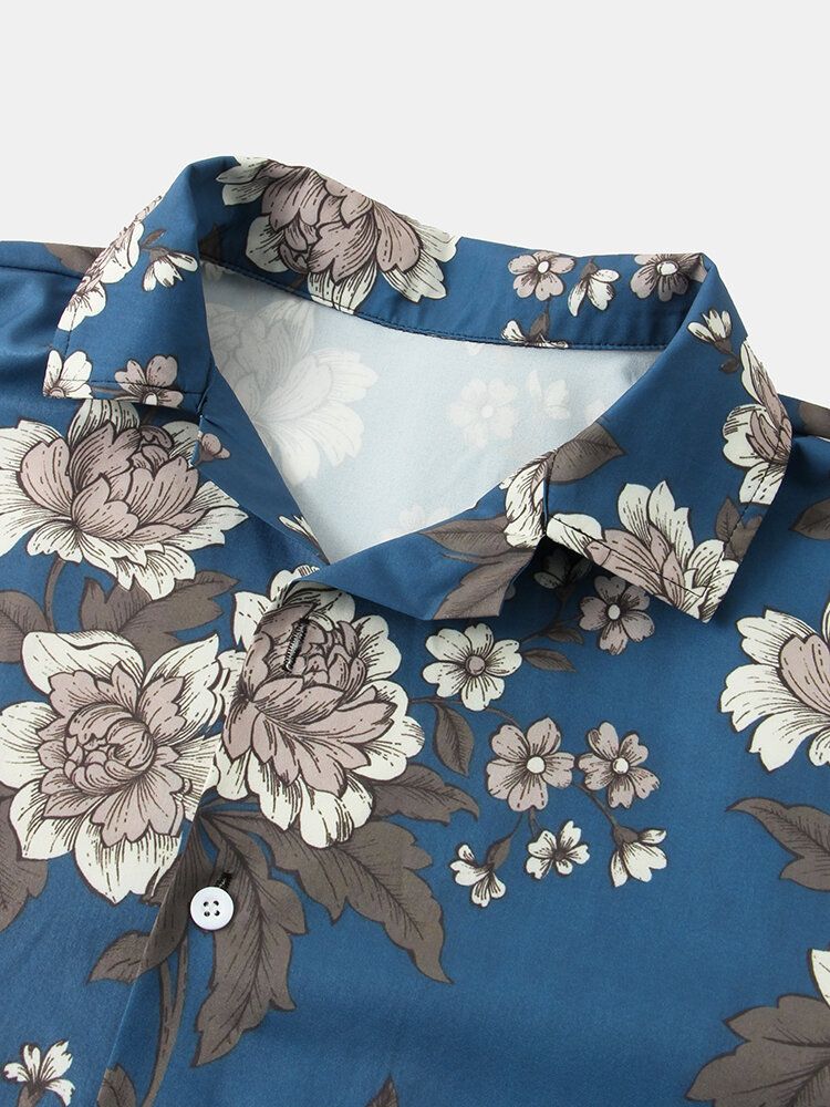 Camisas De Manga Corta Con Cuello Reverente Y Estampado Floral Informal Para Hombre