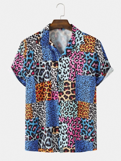 Camisas De Manga Corta Con Cuello Reverente Y Estampado De Leopardo Mixto Para Hombre