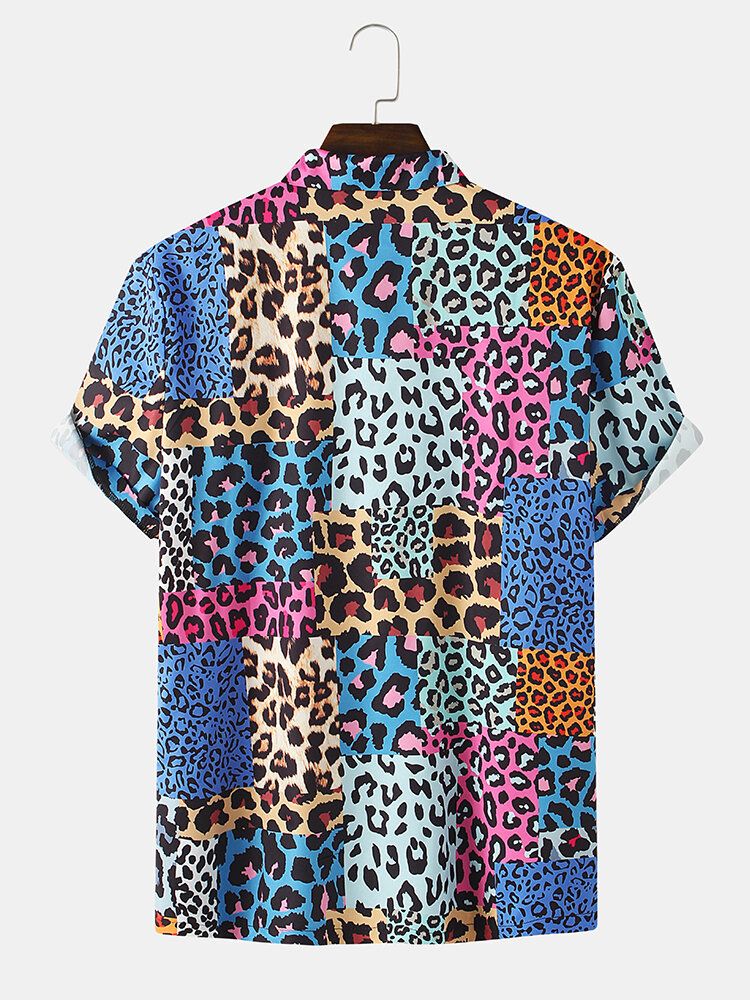 Camisas De Manga Corta Con Cuello Reverente Y Estampado De Leopardo Mixto Para Hombre