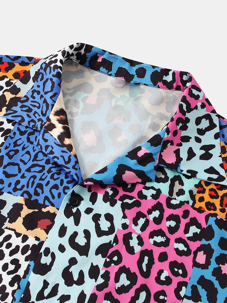 Camisas De Manga Corta Con Cuello Reverente Y Estampado De Leopardo Mixto Para Hombre