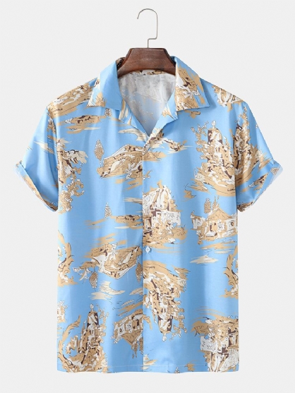 Camisas De Manga Corta Con Cuello Reverente Y Estampado De Paisaje Estilo Hawaiano Para Hombre