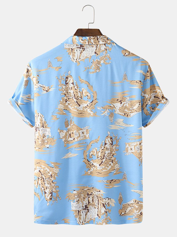 Camisas De Manga Corta Con Cuello Reverente Y Estampado De Paisaje Estilo Hawaiano Para Hombre