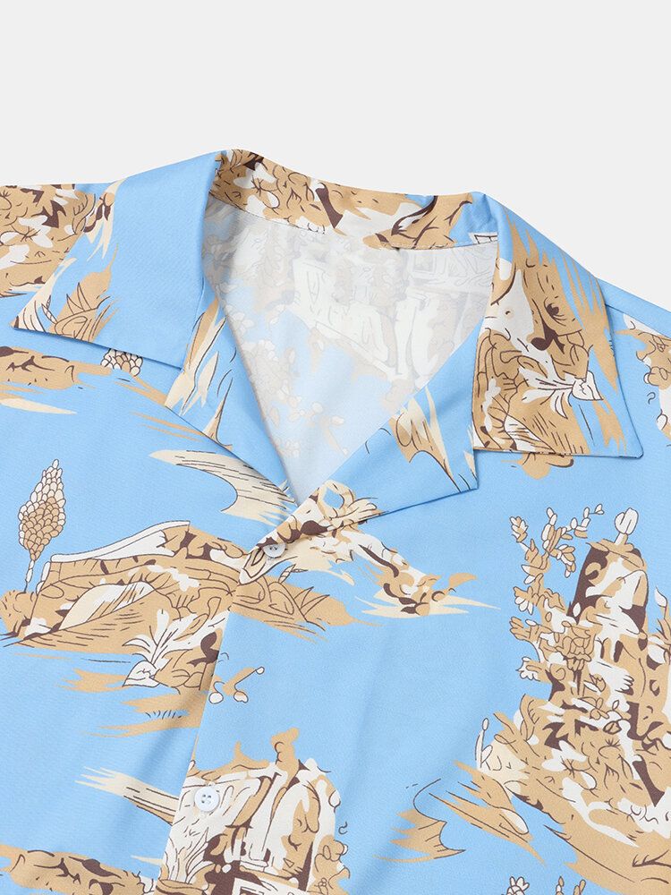 Camisas De Manga Corta Con Cuello Reverente Y Estampado De Paisaje Estilo Hawaiano Para Hombre