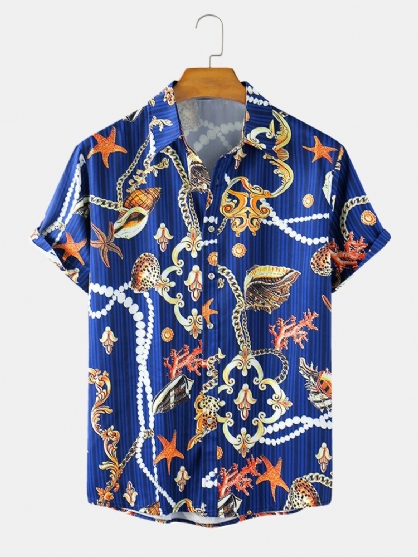 Camisas De Manga Corta Con Cuello De Solapa Ligero Informal Con Estampado De Estrellas De Mar Para Hombre